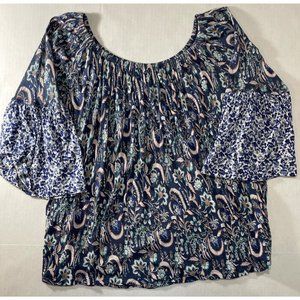 Lucky Brand Women's Blue Floral Short Bell Sleeves Blouse Size Small